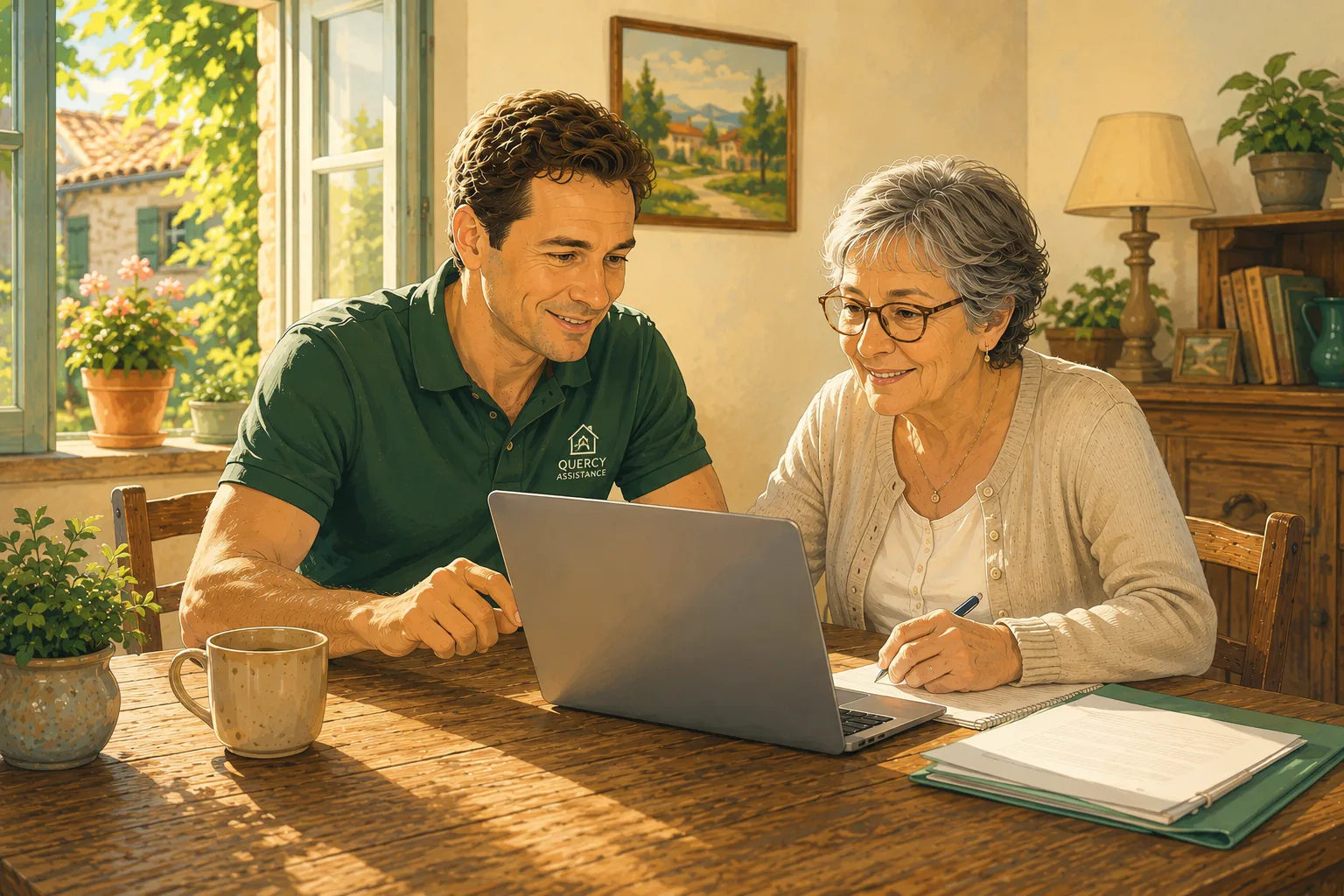 Intervenant Quercy Assistance accompagnant une cliente autour d’un ordinateur