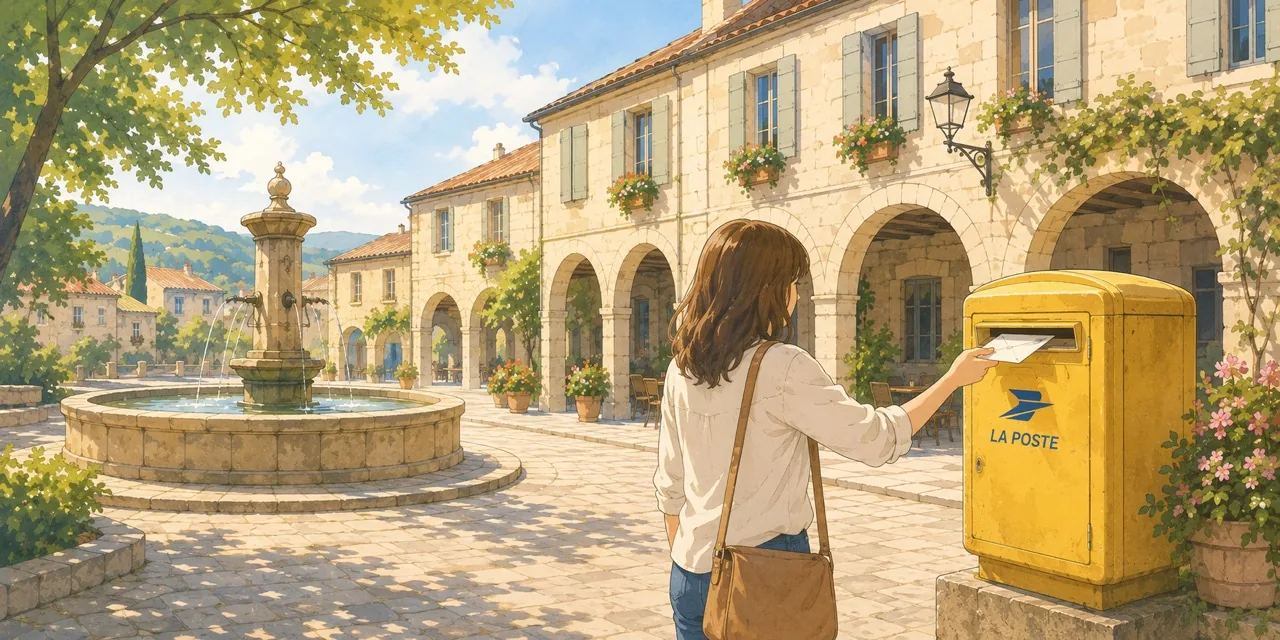 Place de village illustrée dans le Quercy avec une femme déposant une lettre