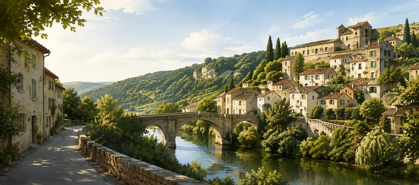 Village du Quercy au milieu des collines, illustrant la zone locale de Quercy Assistance.