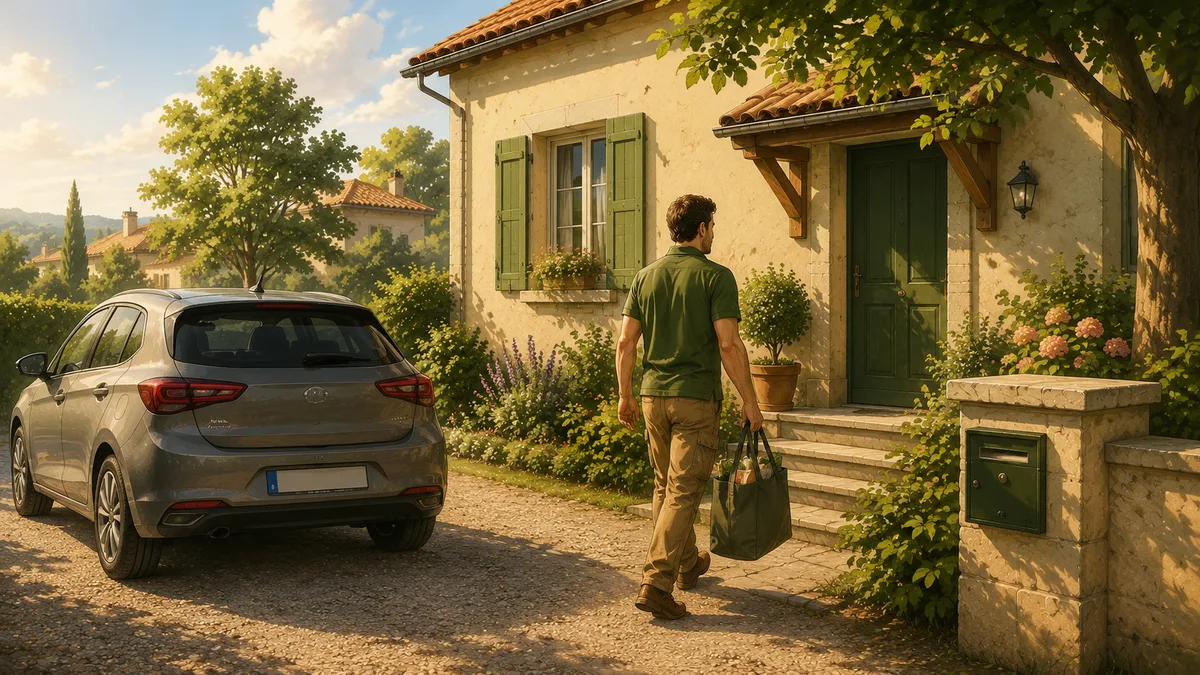 Intervenant Quercy Assistance arrivant en voiture devant une maison.