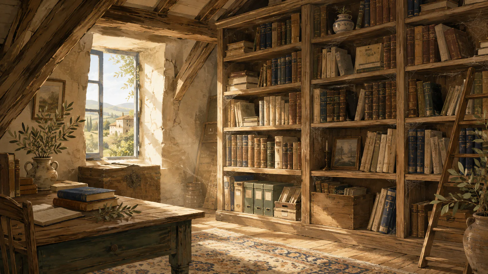 Bibliothèque ancienne et chaleureuse remplie de livres et d’archives