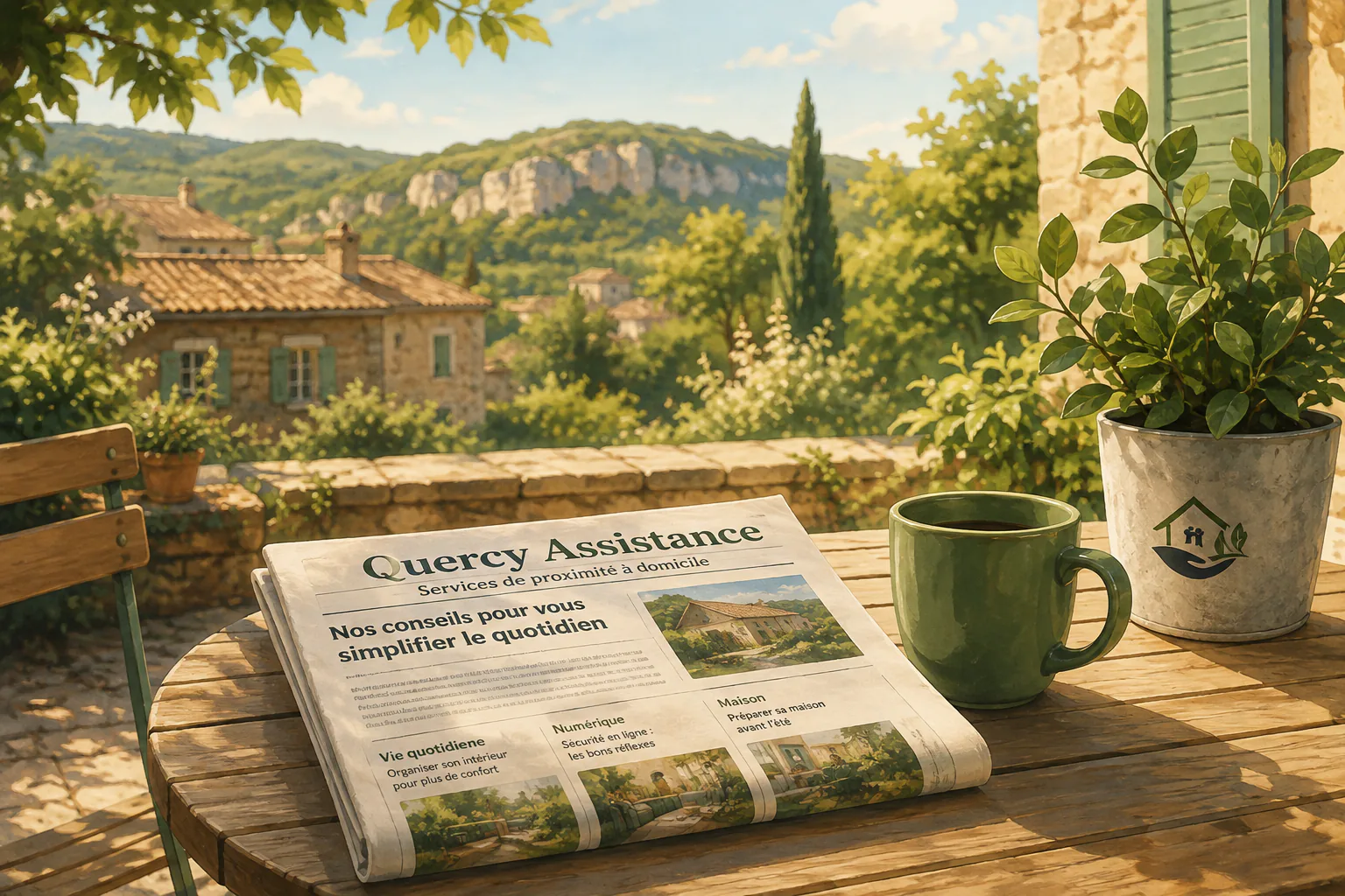 Journal posé sur une table extérieure dans la campagne du Quercy