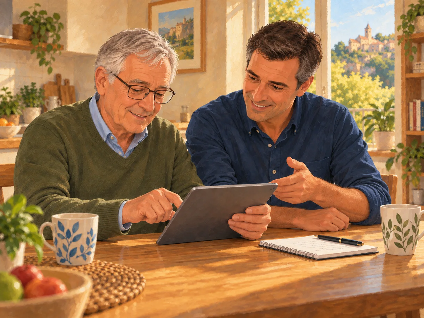 Un client utilise une tablette pendant qu’un intervenant lui explique son fonctionnement.