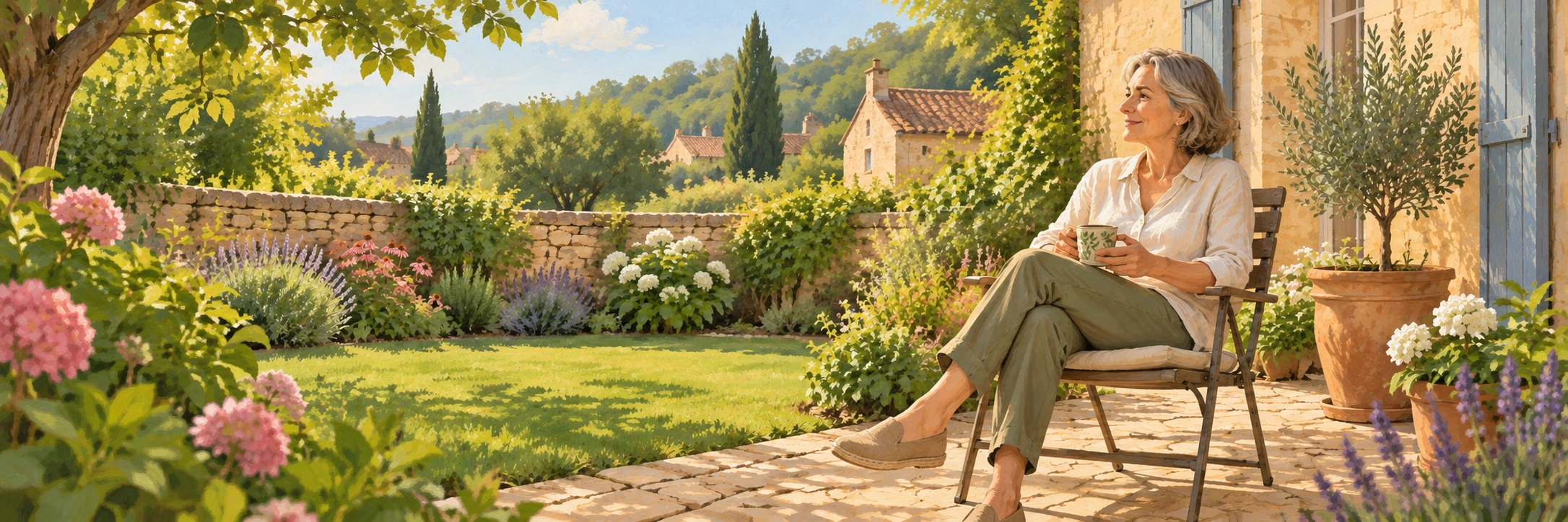 Une personne profite d’un petit jardin propre et naturel après un entretien léger.
