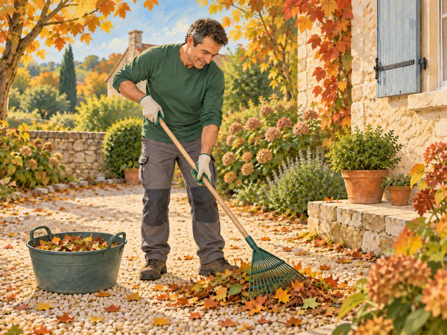 Ramassage de feuilles et de petits déchets végétaux dans un jardin.
