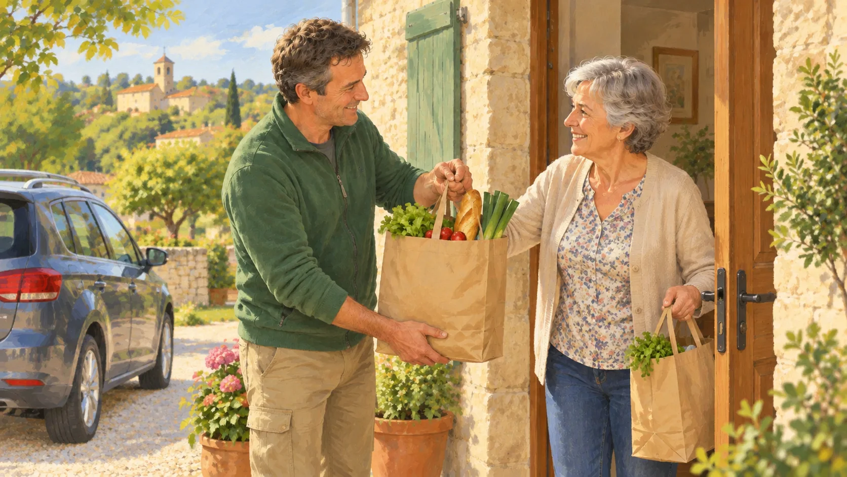 Un intervenant Quercy Assistance remet des sacs de courses à une cliente devant son domicile.