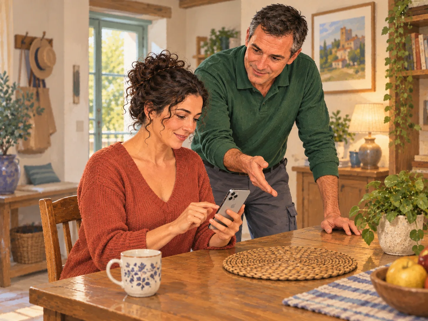 Smartphone, petite enceinte, ampoule et équipement Wi-Fi illustrent une assistance maison connectée à domicile.