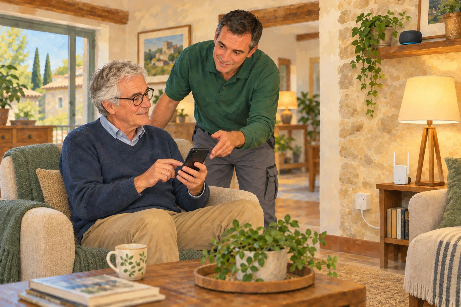Un intervenant Quercy Assistance accompagne une personne dans la configuration d’un objet connecté à domicile.