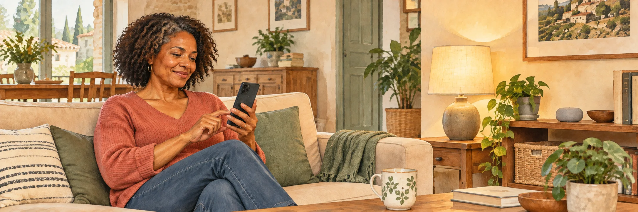 Une personne utilise seule et simplement un équipement connecté dans son salon.