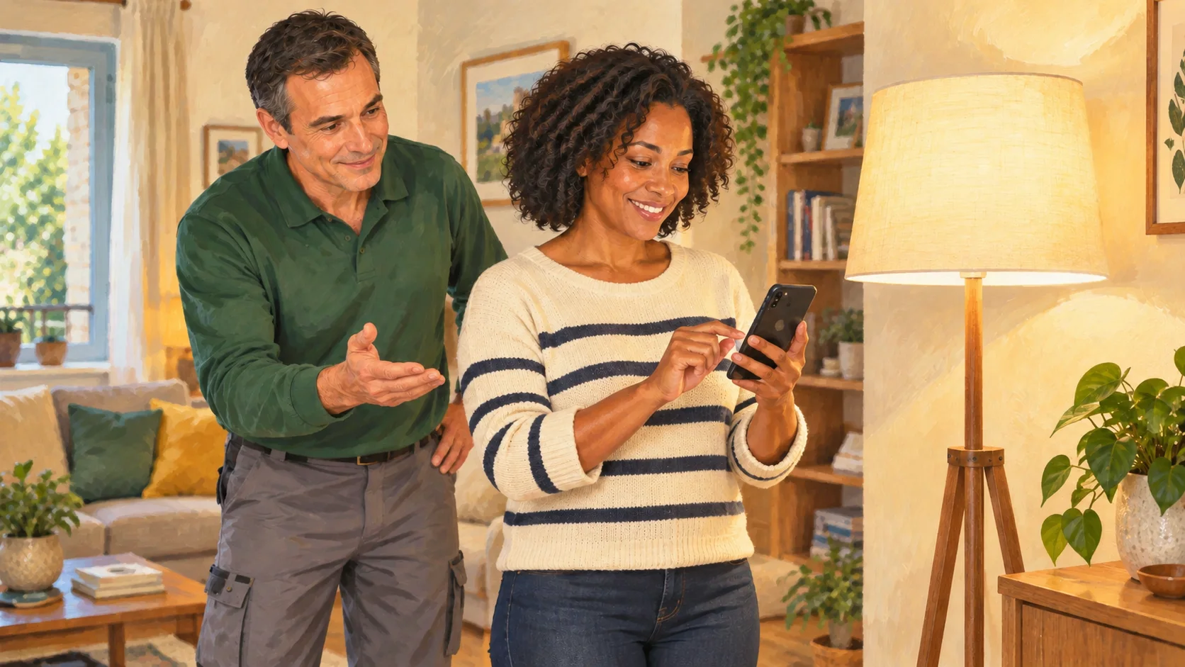Une personne associe un petit objet connecté à son smartphone avec un accompagnement à domicile.