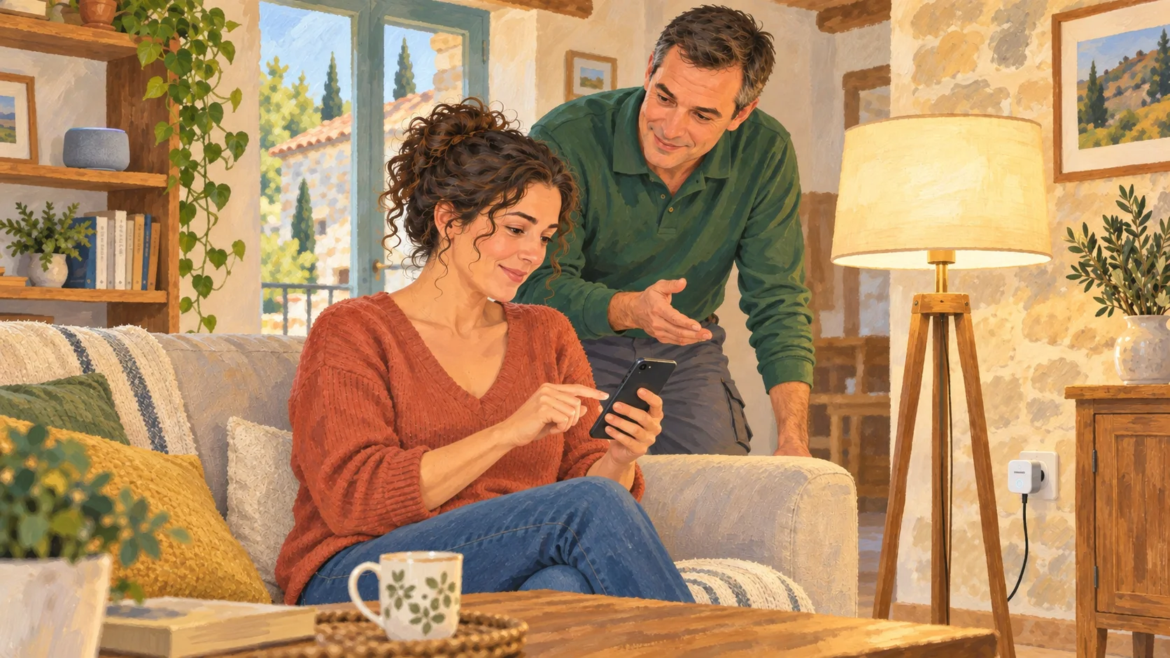Plusieurs objets connectés simples fonctionnent ensemble dans une pièce de vie.