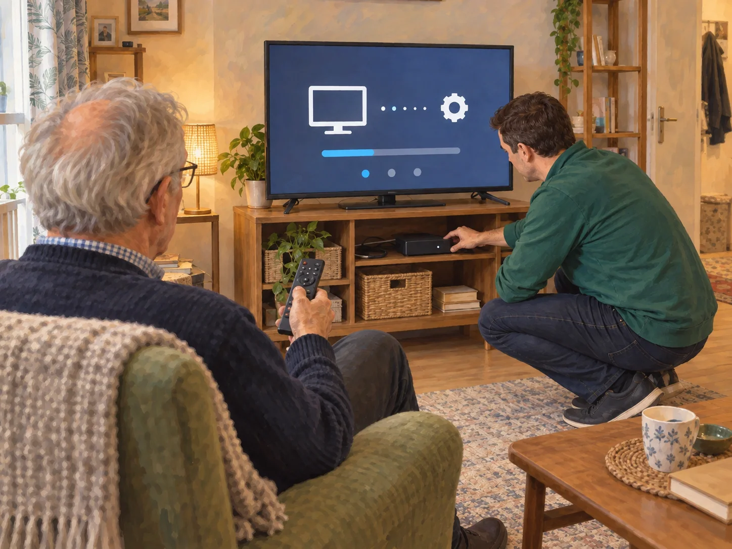 Téléviseur, box, télécommande et barre de son réunis dans une installation multimédia domestique simple.