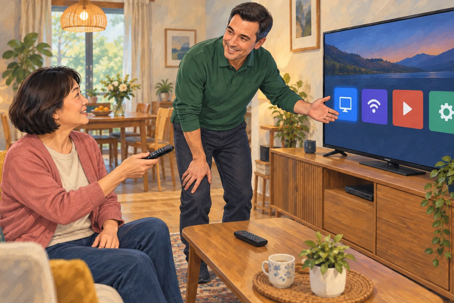 Un intervenant et un client vérifient une télévision et une barre de son après leur installation.