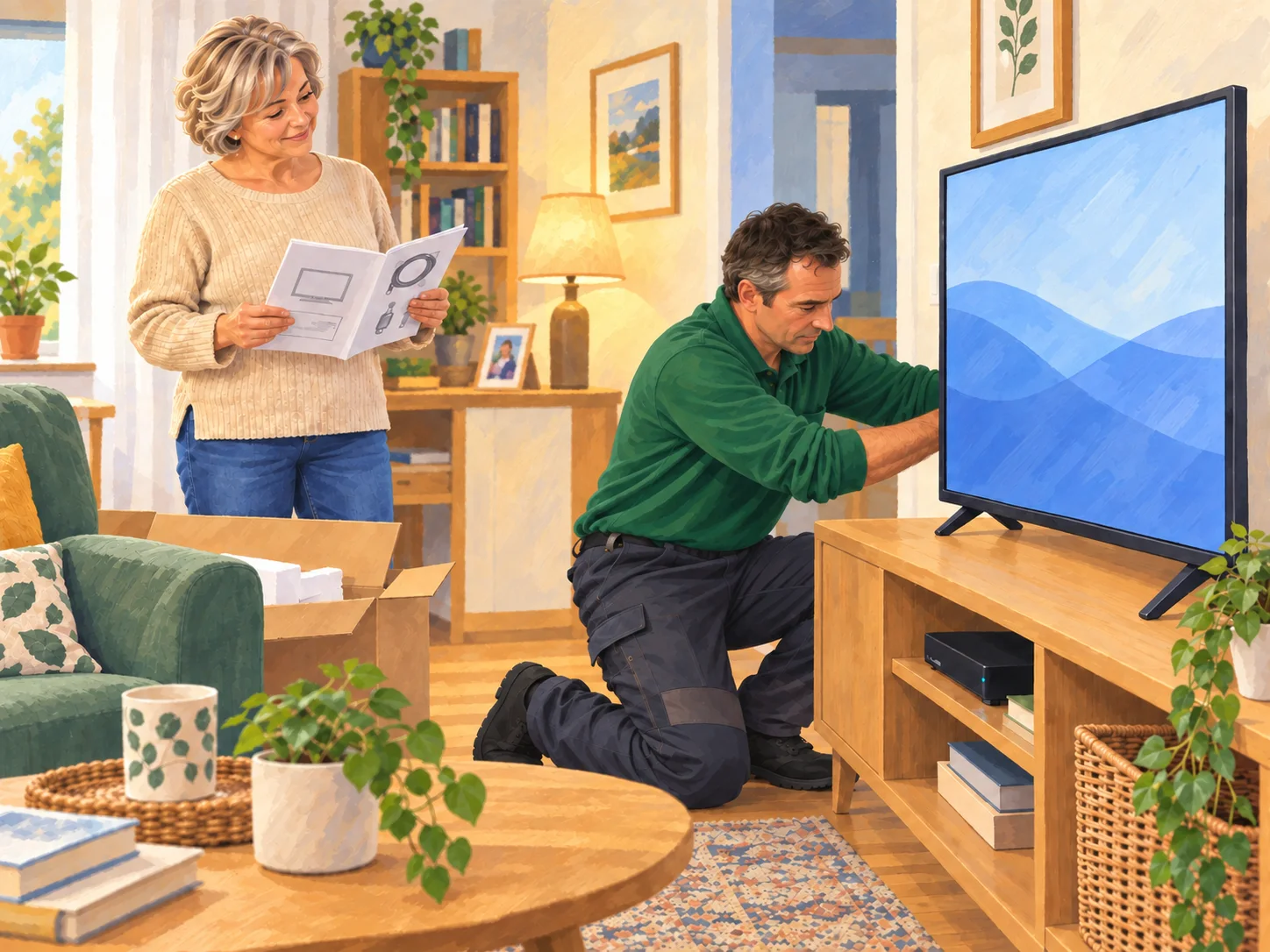 Un téléviseur neuf est installé et ses connexions sont vérifiées dans un salon.