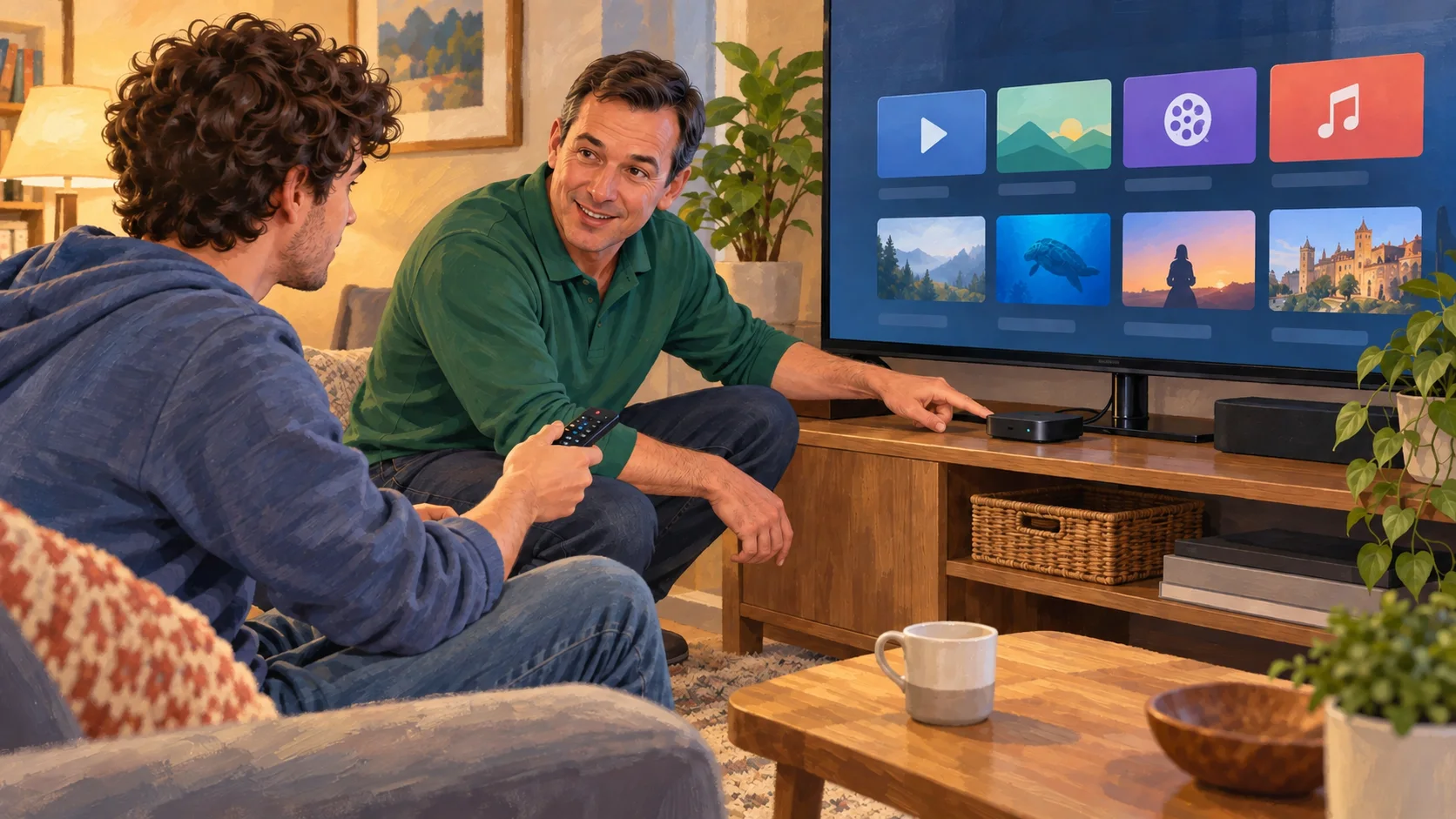 Un intervenant vérifie les branchements d’une box TV ou d’un décodeur près du téléviseur.