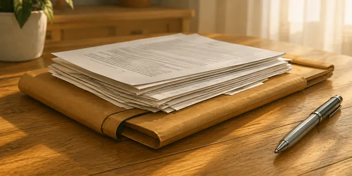 Documents administratifs classés dans un dossier sur une table.