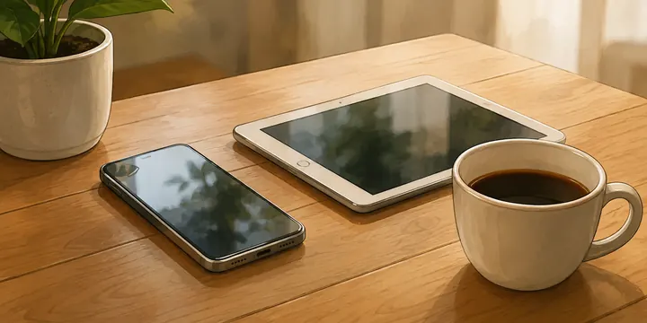 Smartphone et tablette posés sur une table dans un intérieur chaleureux.