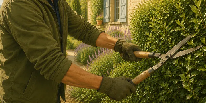 Taille légère d’une haie dans un jardin.