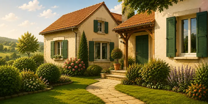Maison du Quercy entretenue dans un environnement verdoyant.