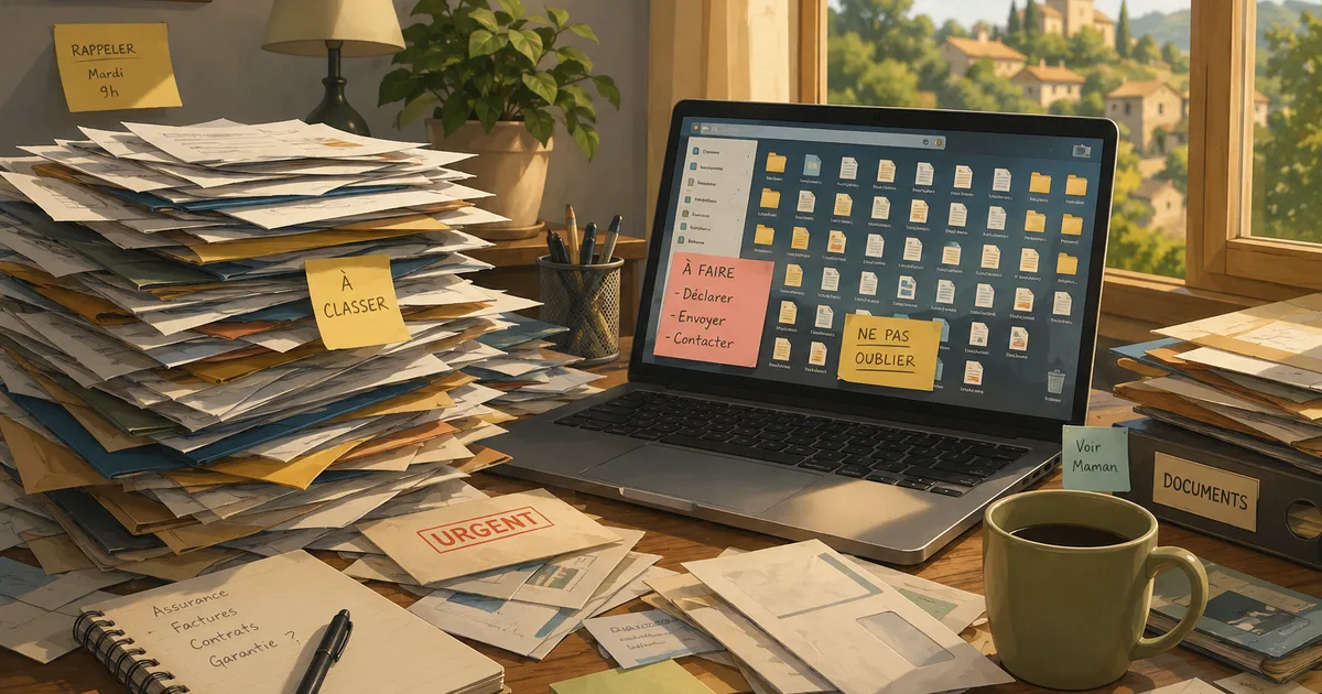 Bureau avec des documents papier à classer et un ordinateur affichant des dossiers numériques