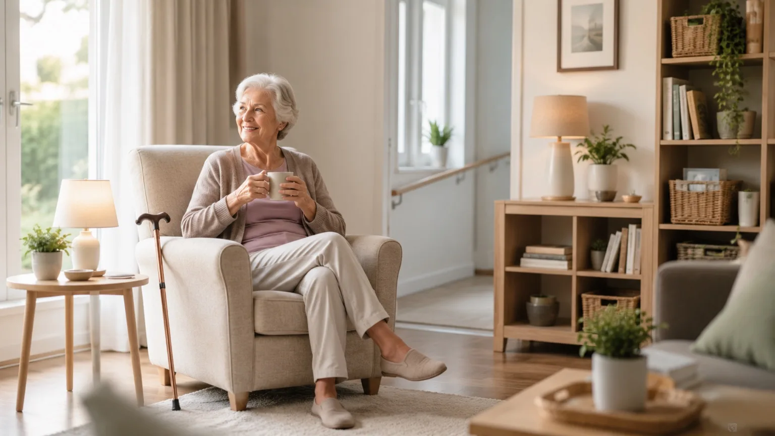 An older woman sitting in an armchair with a mug in a bright, tidy living room