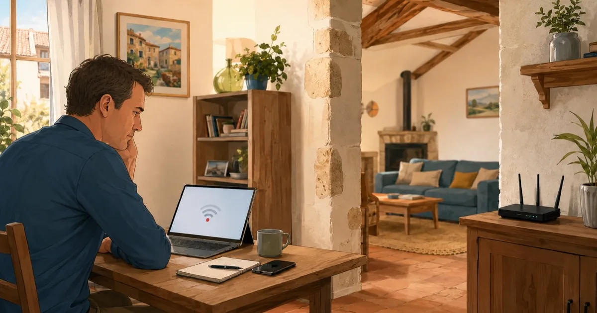 Un homme vérifie une connexion Wi-Fi lente sur son ordinateur portable, près de sa box